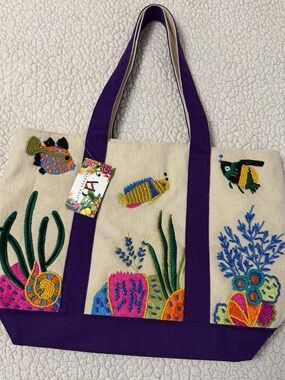 Embroidered Canvas Tote with Purple Straps and Ocean Motifs